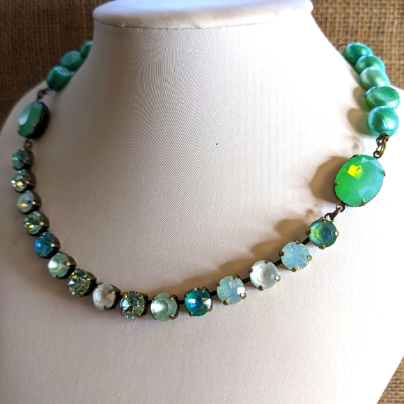 Mint Green Opal Swarovski Crystal and Baroque Pearl Statement Necklace in Brass - Picture 2 of 9